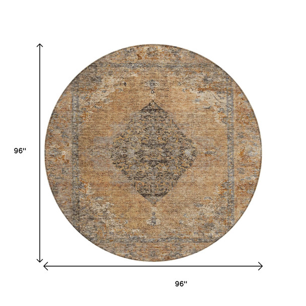 8' Copper And Taupe Round Medallion Washable Indoor Outdoor Area Rug