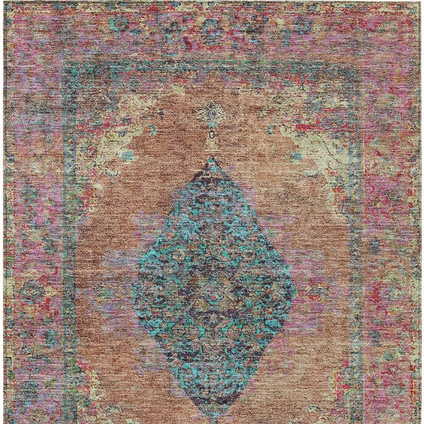 8' X 10' Orange And Teal Blue Medallion Washable Indoor Outdoor Area Rug