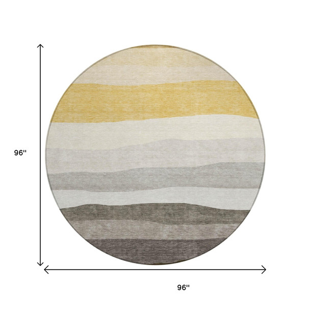 8' Pewter Gold And Ivory Round Striped Washable Indoor Outdoor Area Rug