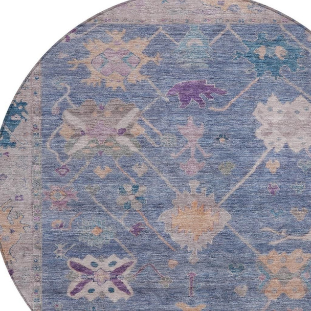 8' Blue And Purple Round Tribal Washable Indoor Outdoor Area Rug