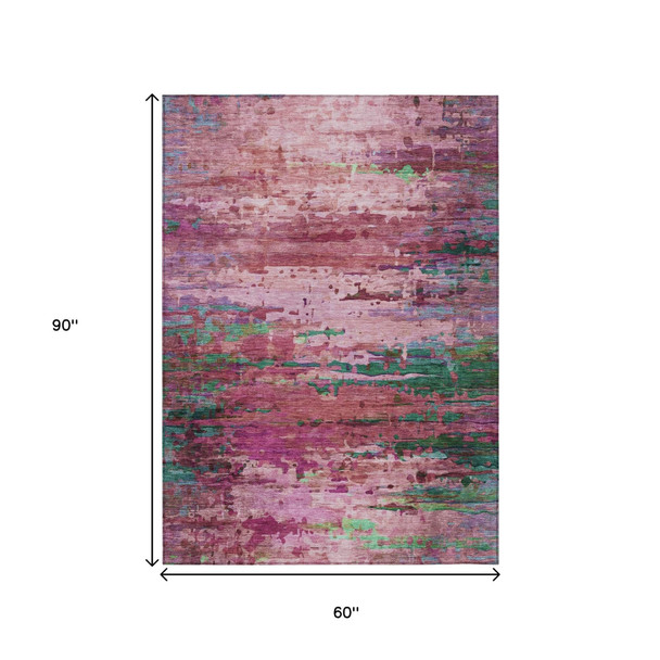 5' X 8' Pink Mauve And Green Abstract Washable Indoor Outdoor Area Rug