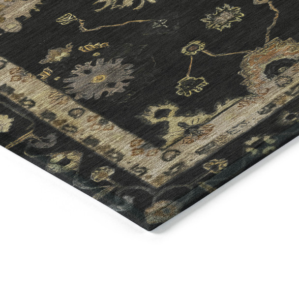 5' X 8' Black And Gold Floral Washable Indoor Outdoor Area Rug