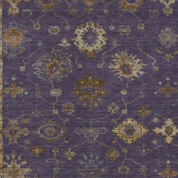 9' X 12' Eggplant And Gold Floral Washable Indoor Outdoor Area Rug