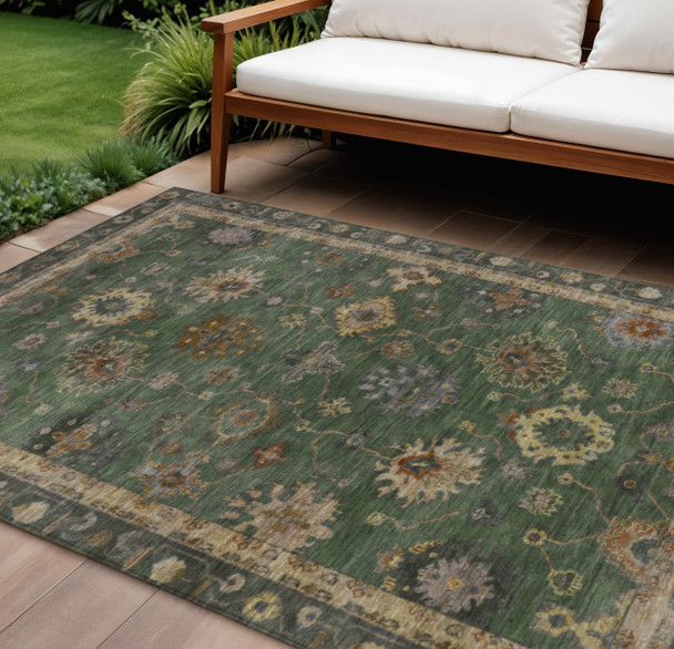 10' X 14' Fern Green And Gold Floral Washable Indoor Outdoor Area Rug