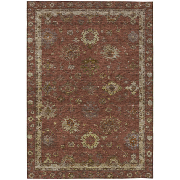 9' X 12' Rust And Gold Floral Washable Indoor Outdoor Area Rug