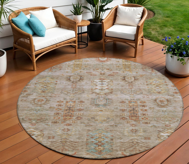 8' Beige And Copper Round Tribal Washable Indoor Outdoor Area Rug