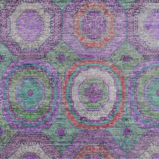 5' X 8' Purple Teal Blue And Lime Green Geometric Washable Indoor Outdoor Area Rug