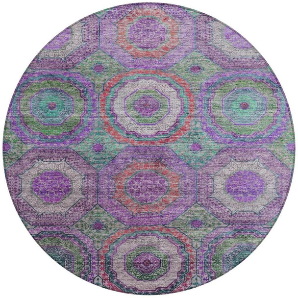 8' Purple Teal Blue And Lime Green Round Geometric Washable Indoor Outdoor Area Rug