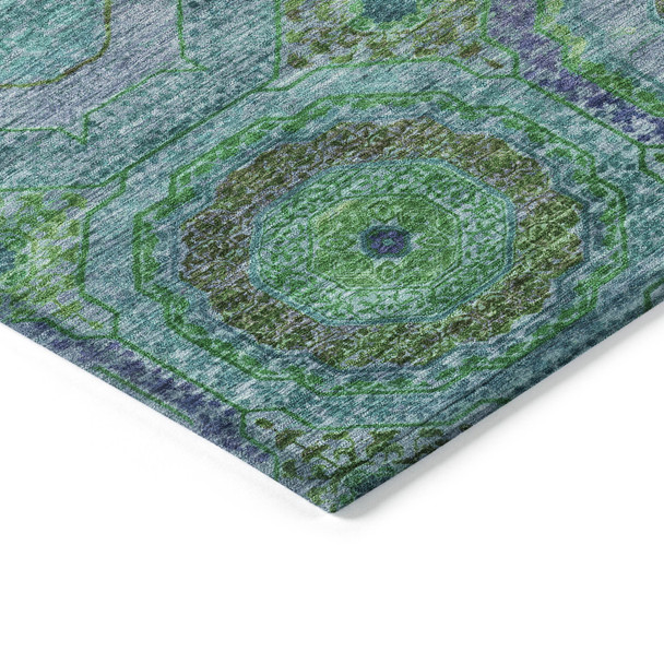 8' Teal Blue Lime Green And Purple Round Geometric Washable Indoor Outdoor Area Rug