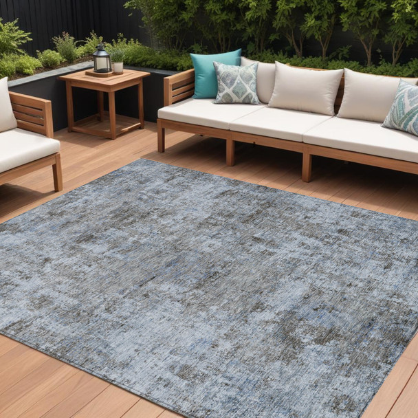 9' X 12' Blue And Taupe Abstract Washable Indoor Outdoor Area Rug