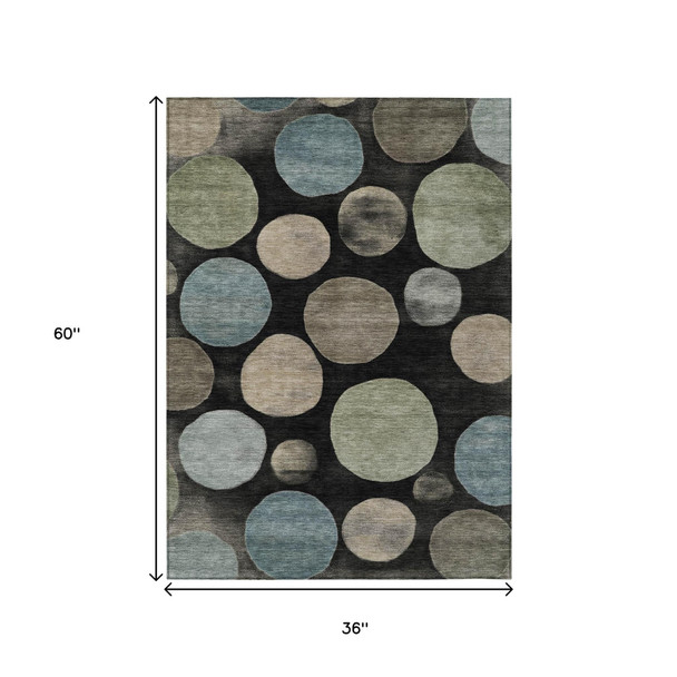 3' X 5' Black Fern Green And Teal Blue Geometric Washable Indoor Outdoor Area Rug