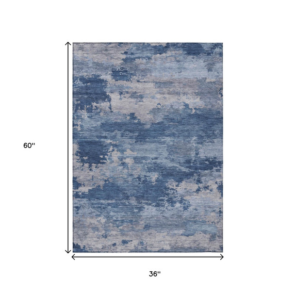 3' X 5' Navy Blue And Ivory Abstract Washable Indoor Outdoor Area Rug