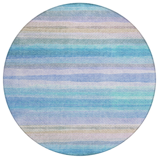8' Aqua Lavender And Peach Round Striped Washable Indoor Outdoor Area Rug