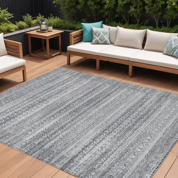 9' X 12' Gray And Silver Striped Washable Indoor Outdoor Area Rug