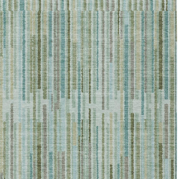 9' X 12' Artichoke Green And Teal Blue Striped Washable Indoor Outdoor Area Rug