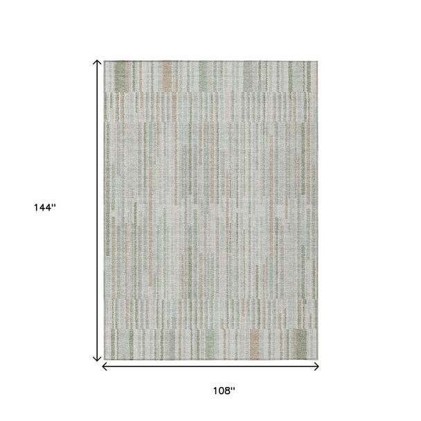 9' X 12' Sage And Ivory Striped Washable Indoor Outdoor Area Rug