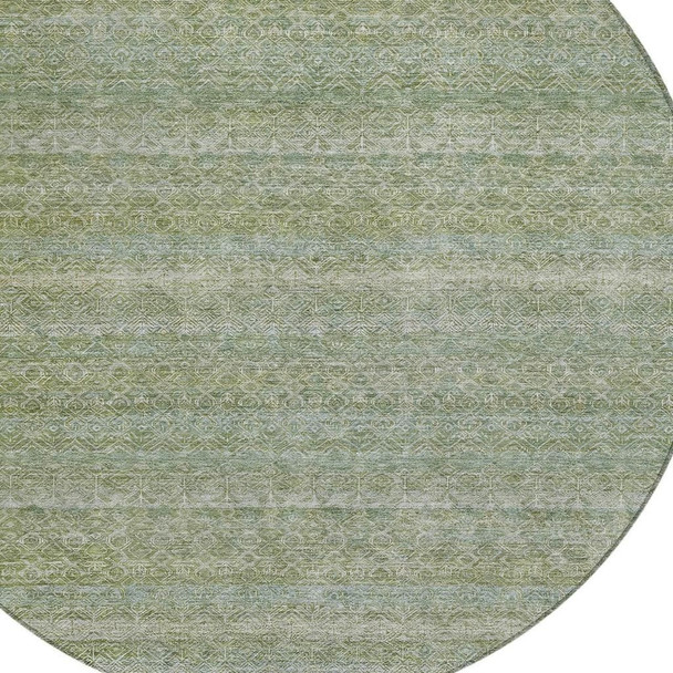 8' Sage And Ivory Round Striped Washable Indoor Outdoor Area Rug