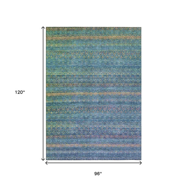 8' X 10' Teal Blue And Copper Striped Washable Indoor Outdoor Area Rug