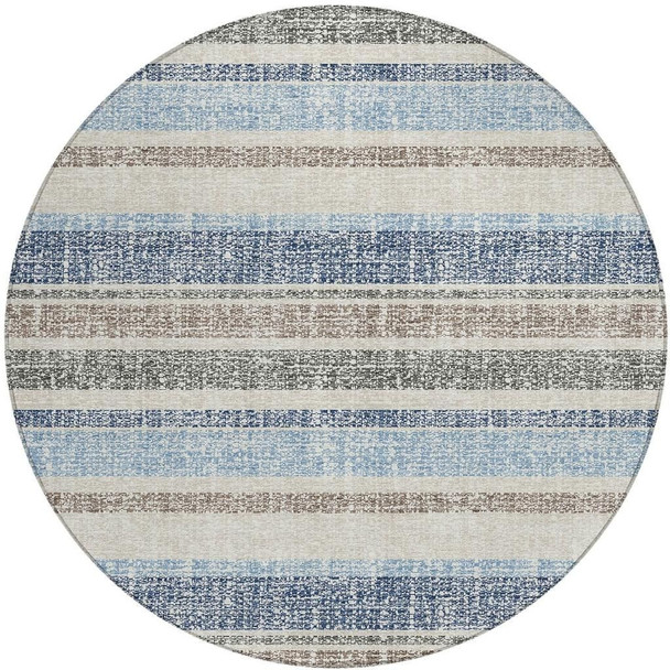 8' Navy Blue And Beige Round Striped Washable Indoor Outdoor Area Rug