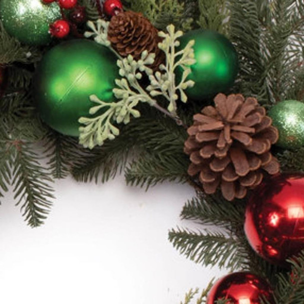 29" Green Red And Brown Artificial Pine Pinecone And Ornaments Christmas Wreath