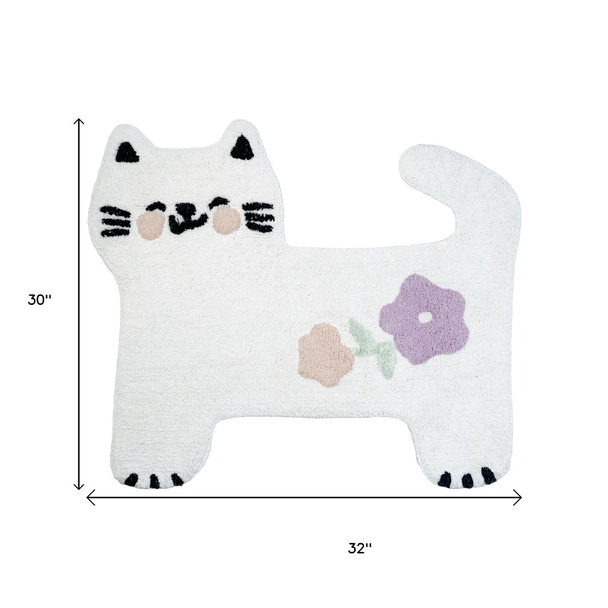 2' X 3' White Kitty Cat And Flowers Youthful Washable Area Rug