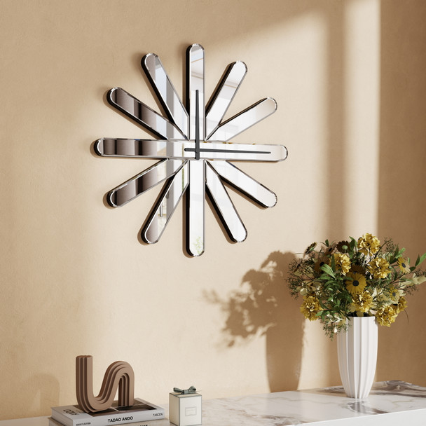 26" Silver Mirrored Glass Silent Analog Starburst Wall Clock