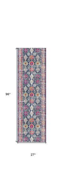 8' Blue And Ivory Oriental Runner Rug
