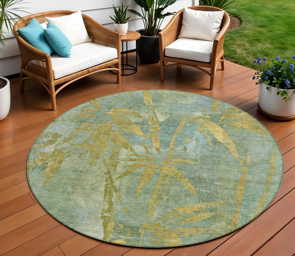8' Artichoke Green And Gold Round Botanical Leaves Washable Indoor Outdoor Area Rug