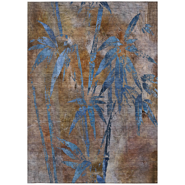 3' X 5' Brown And Blue Botanical Leaves Washable Indoor Outdoor Area Rug