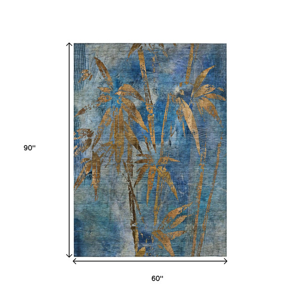 5' X 8' Blue And Brown Botanical Leaves Washable Indoor Outdoor Area Rug