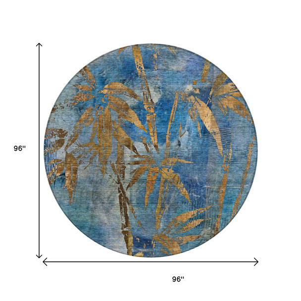 8' Blue And Brown Round Botanical Leaves Washable Indoor Outdoor Area Rug