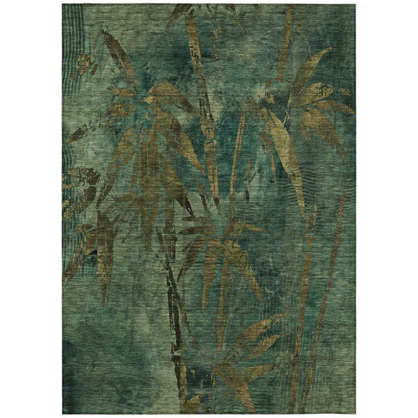 9' X 12' Green And Brown Botanical Leaves Washable Indoor Outdoor Area Rug