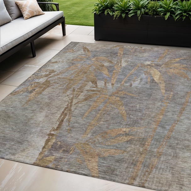 5' X 8' Khaki And Gray Botanical Leaves Washable Indoor Outdoor Area Rug
