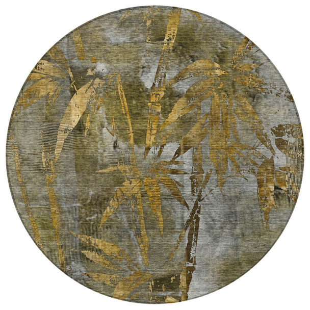 8' Pewter And Gold Round Botanical Leaves Washable Indoor Outdoor Area Rug