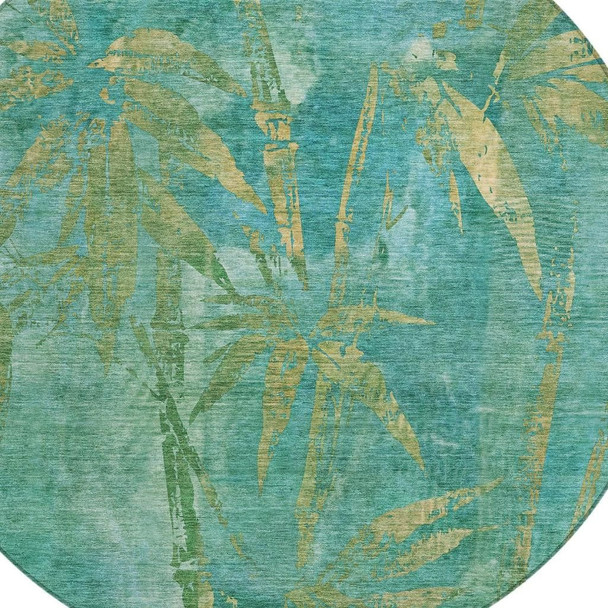 8' Teal Blue And Gold Round Botanical Leaves Washable Indoor Outdoor Area Rug