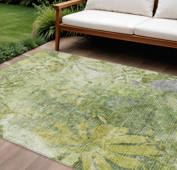 10' X 14' Artichoke Green And Ivory Floral Washable Indoor Outdoor Area Rug