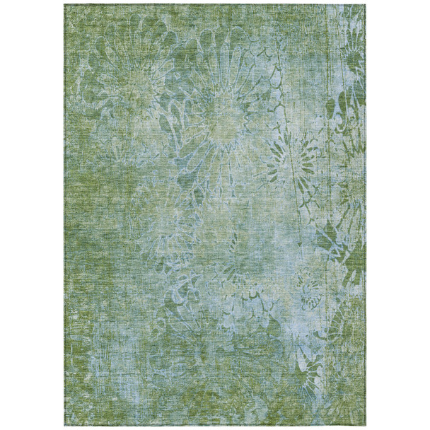 8' X 10' Artichoke Green And Ivory Floral Washable Indoor Outdoor Area Rug