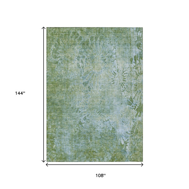 9' X 12' Artichoke Green And Ivory Floral Washable Indoor Outdoor Area Rug