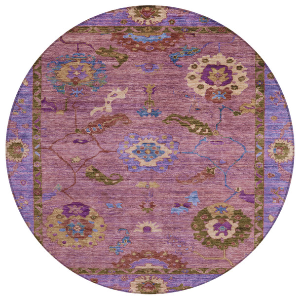 8' Pink Purple And Gold Round Floral Medallion Washable Indoor Outdoor Area Rug