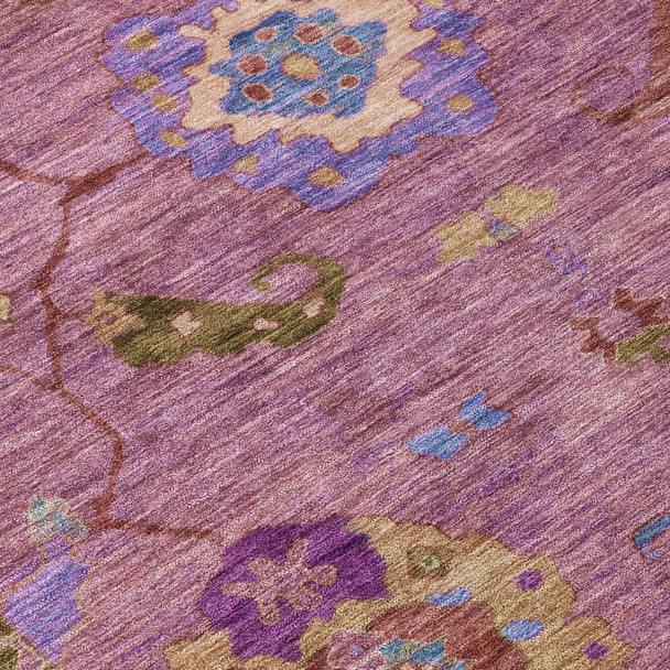 8' X 10' Pink Purple And Gold Floral Medallion Washable Indoor Outdoor Area Rug