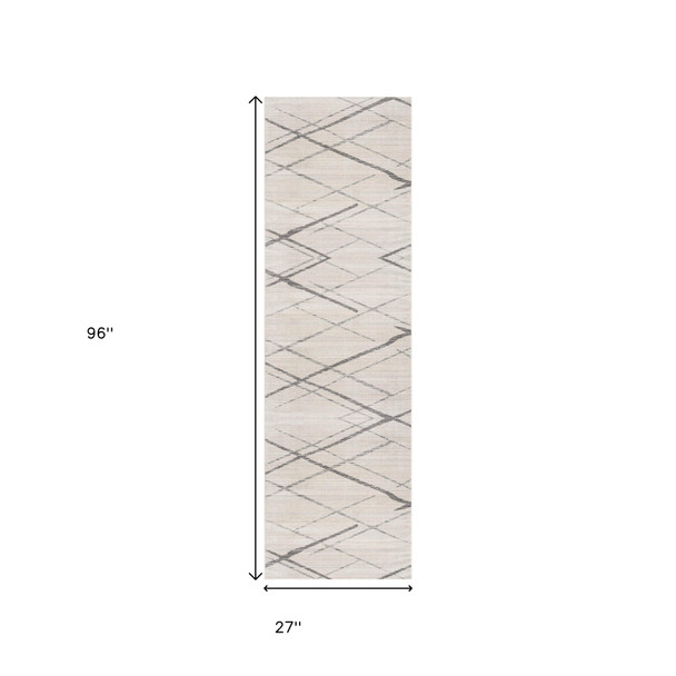 8' Gray And Ivory Geometric Runner Rug