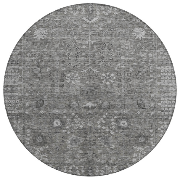 8' Pewter And Silver Round Floral Washable Indoor Outdoor Area Rug
