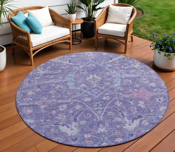 8' Purple Sky Blue And Silver Round Floral Washable Indoor Outdoor Area Rug