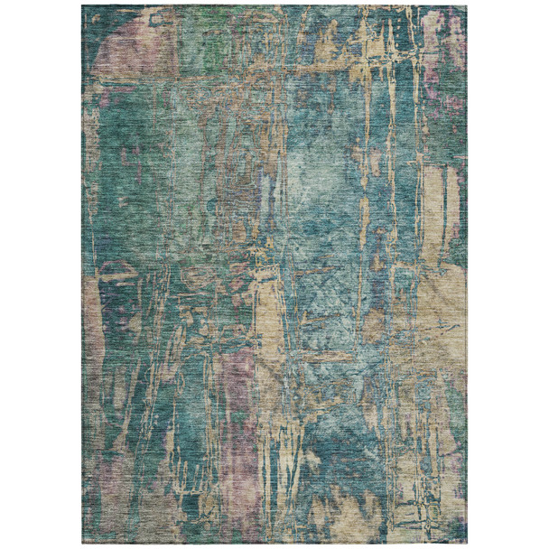 3' X 5' Teal Blue And Gold Abstract Washable Indoor Outdoor Area Rug