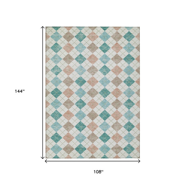9' X 12' Aqua Peach And Ivory Geometric Washable Indoor Outdoor Area Rug