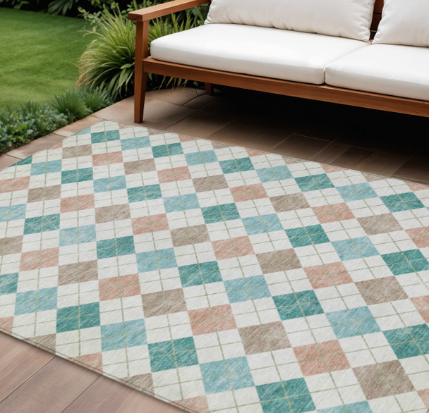 10' X 14' Aqua Peach And Ivory Geometric Washable Indoor Outdoor Area Rug