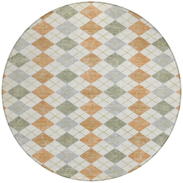 8' Coral Ivory And Silver Round Geometric Washable Indoor Outdoor Area Rug