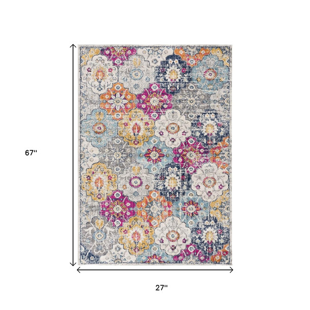 6' Blue And Ivory Floral Runner Rug