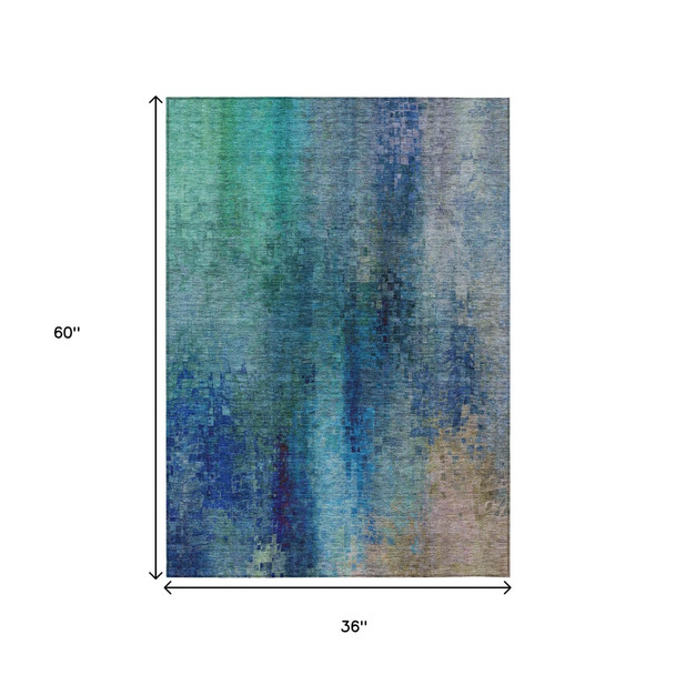 3' X 5' Blue And Tan Abstract Washable Indoor Outdoor Area Rug