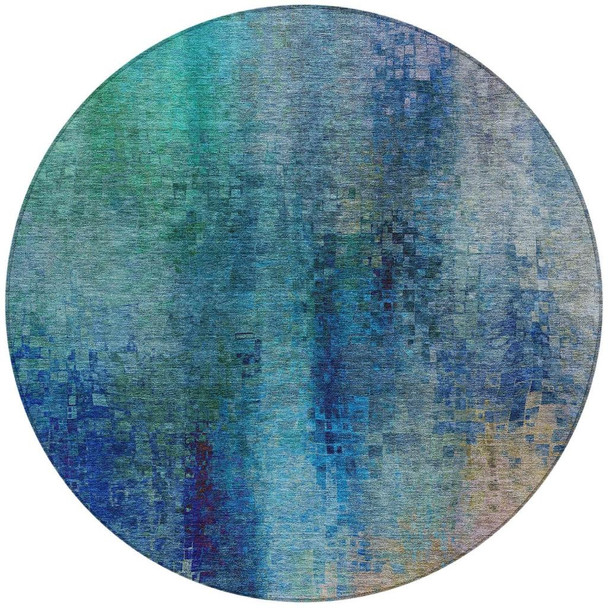 8' Blue And Tan Round Abstract Washable Indoor Outdoor Area Rug